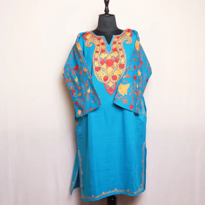 Cyan Blue Cashmilon Pheran with Jaal Sleeve Aari Detailing - Manaal Collection - Image 3