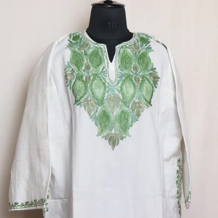 White Cashmilon Pheran with Aari Detailing - Aafrin Collection