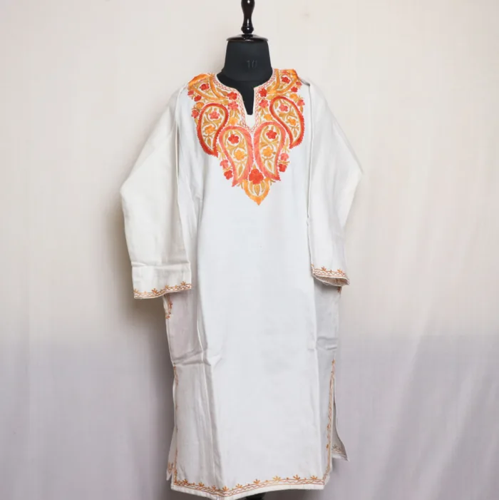 White Cashmilon Beautiful Aari Embroidered Pheran - Aafrin Collection - Image 2