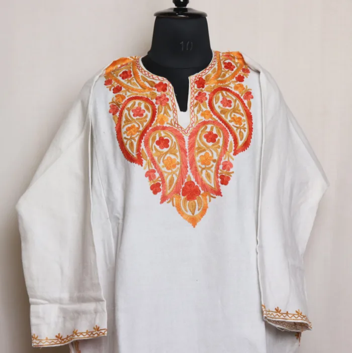 White Cashmilon Beautiful Aari Embroidered Pheran - Aafrin Collection