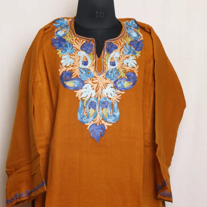 Golden Cashmilon Aari Embroidered Pheran - Aafrin Collection