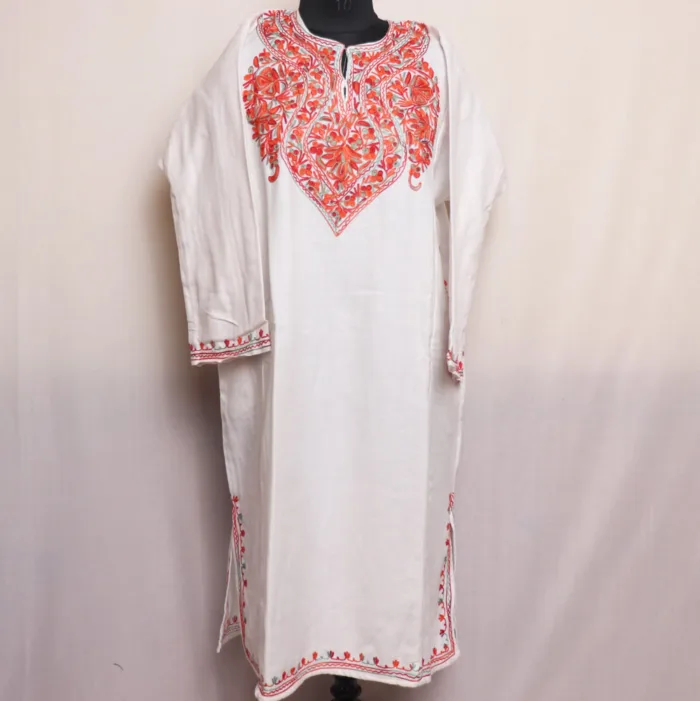 Beautiful White Cashmilon Pheran with Aari Work - Aamaal Collection - Image 2
