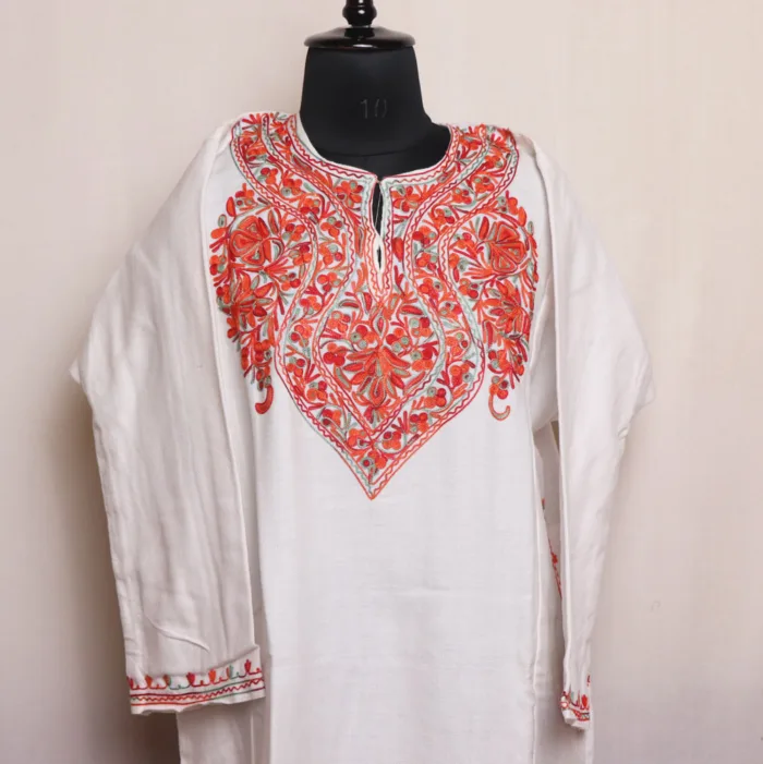 Beautiful White Cashmilon Pheran with Aari Work - Aamaal Collection