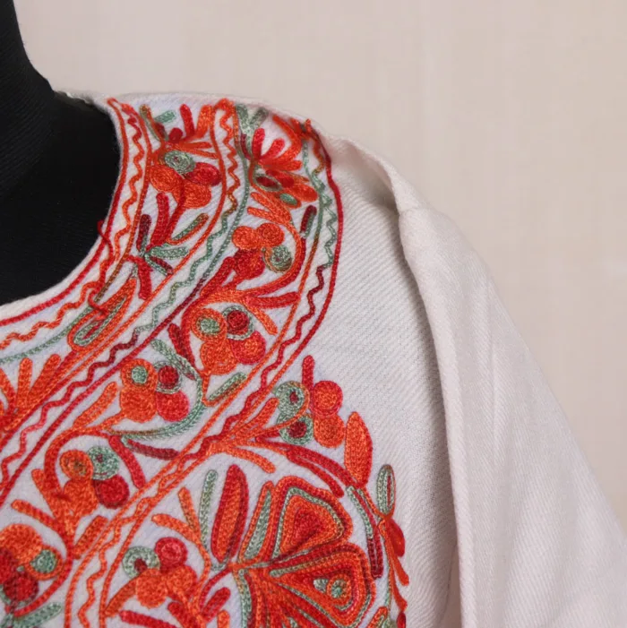 Beautiful White Cashmilon Pheran with Aari Work - Aamaal Collection - Image 3