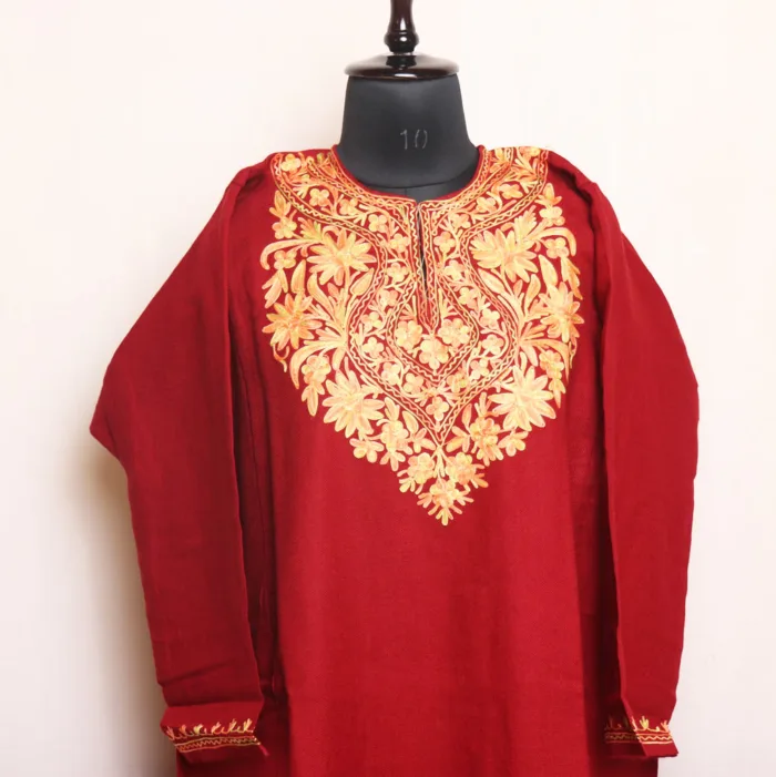 Elegent Aari Embroidered Maroon Cashmilon Pheran - Aamaal Collection