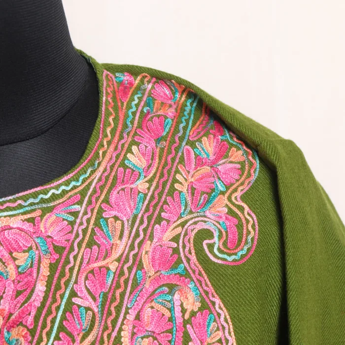 Cashmilon Green Pheran with Elegant Aari Embroidery - Aamaal Collection - Image 3