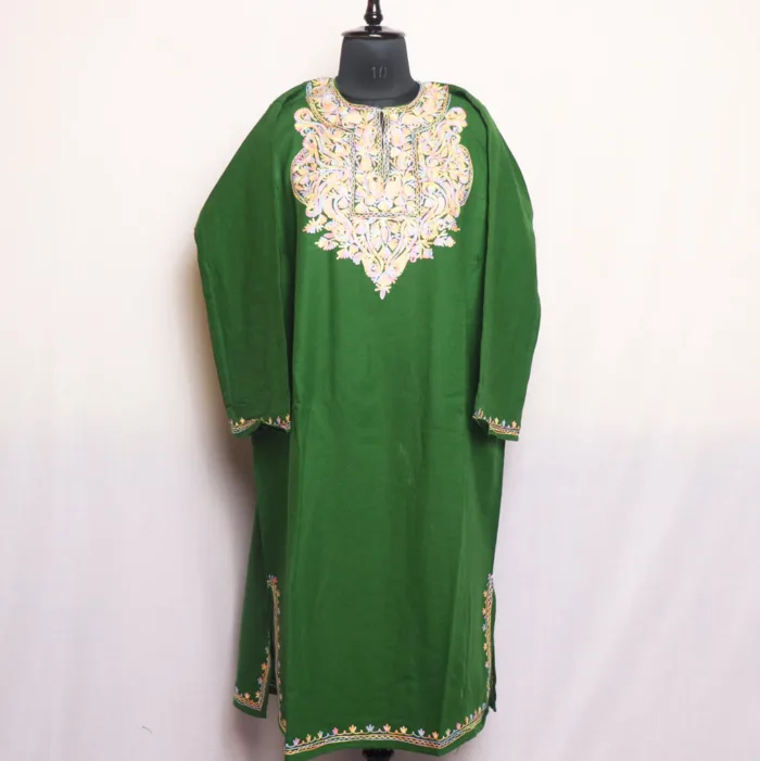 Sophisticated Green Cashmilon Pheran with Aari Work - Aamaal Collection - Image 2