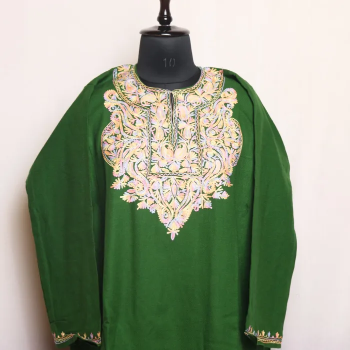 Sophisticated Green Cashmilon Pheran with Aari Work - Aamaal Collection