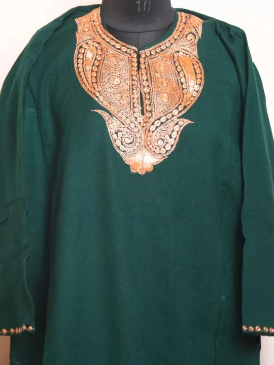 Dark Green Cashmilon Pheran Adorned with Tilla Embroidery - Karima Collection