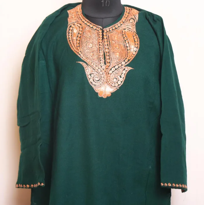 Dark Green Cashmilon Pheran Adorned with Tilla Embroidery - Karima Collection