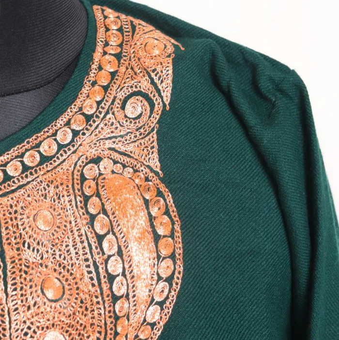 Dark Green Cashmilon Pheran Adorned with Tilla Embroidery - Karima Collection - Image 3