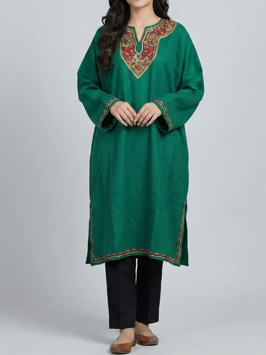 Elegant Green Hand Aari Raffal Pheran with Tilla Outline- Gul Rang Collection