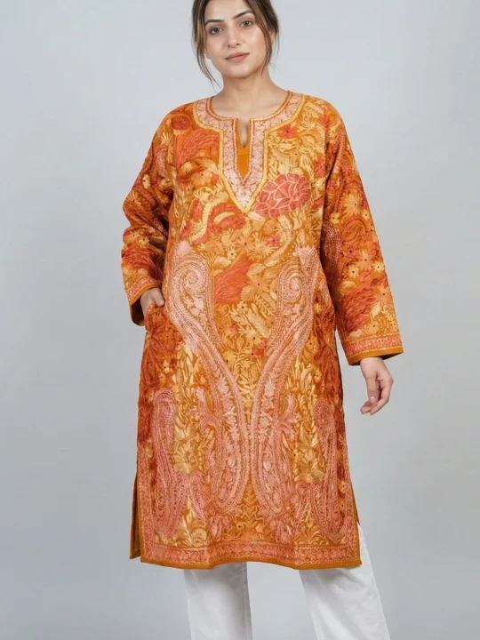 Premium Brown Raffal Wool Jama Aari Pheran for Winter - Gulistan Collection