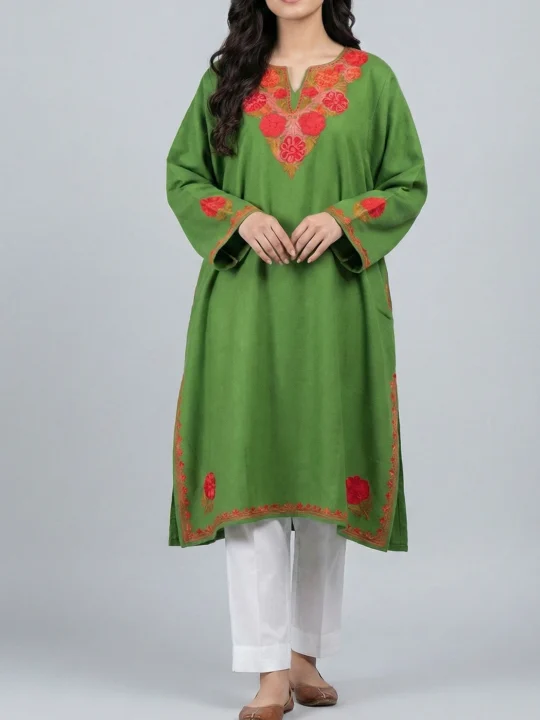 Green Cashmilon Aari Embroidery Pheran with Sleeve Work - Bulbul Collection