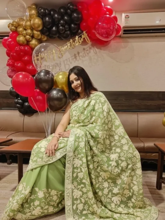 Classic Pale green Georgette Saree with Chinari Akh Rang Aari Work from Kashmir - Roshe