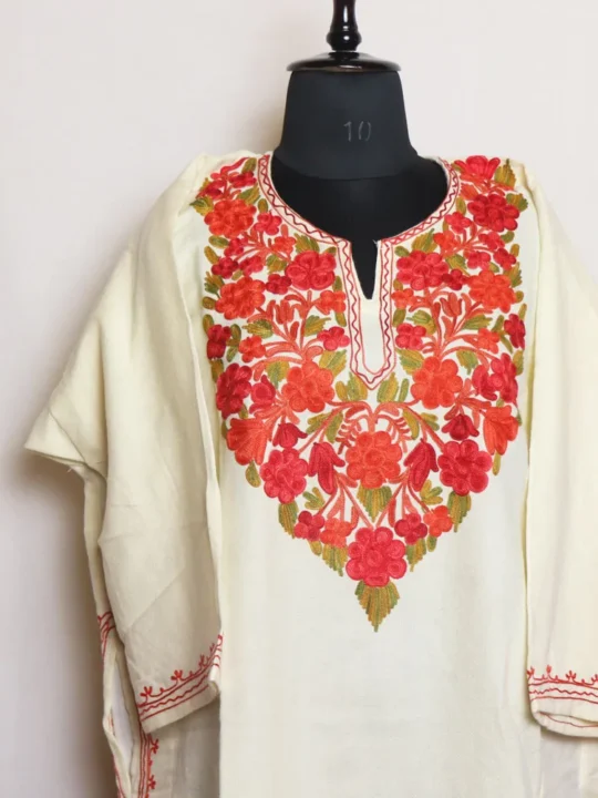 White Cashmilon Loose Pheran with Aari Embroidery - Aalamzeba Collection