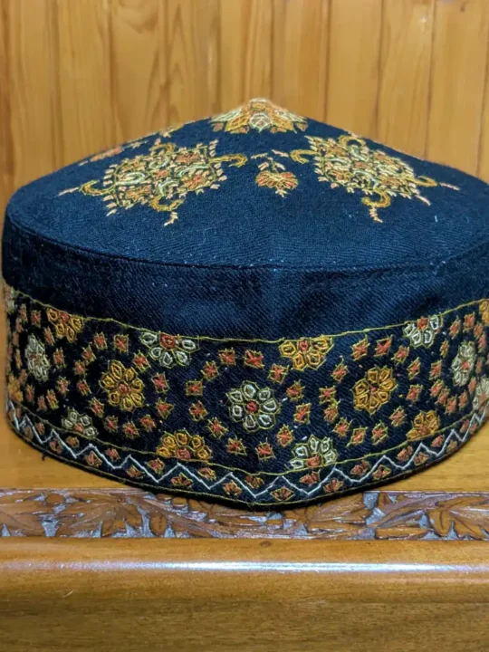 Gul-e-Rana Black Pashmina Cap with Delicate Hand Sozni Embroidery