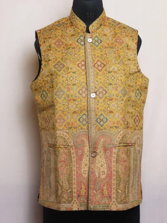 Kani Nehru Jacket | Men's Waist Coat Classic Mustard Yellow Paisely Bottom  - Azian Collection