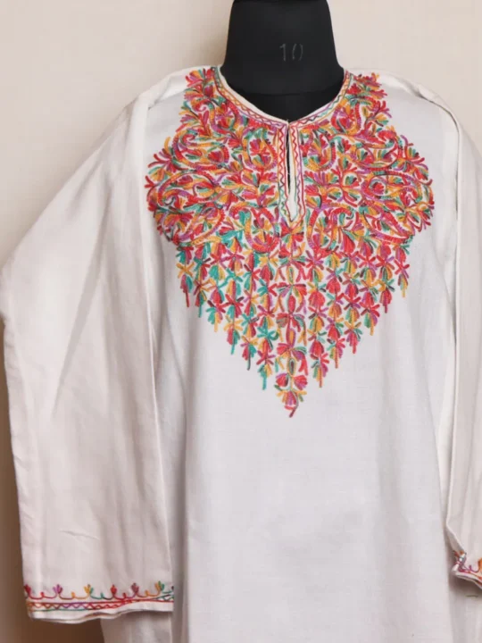White Cashmilon Pheran with Intricate Aari Embroidery | Gul-e-Hawal Collection