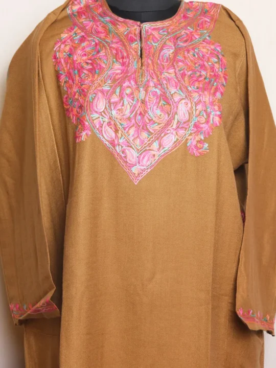 Soft Beige Cashmilon Pheran with Elegant Aari Work | Gul-e-Hawal Collection
