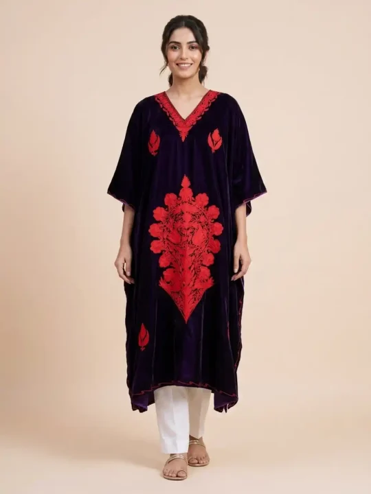 Indigo Velvet | Makhmal Kaftan Featuring Intricate Aari Work - Kausar Collection
