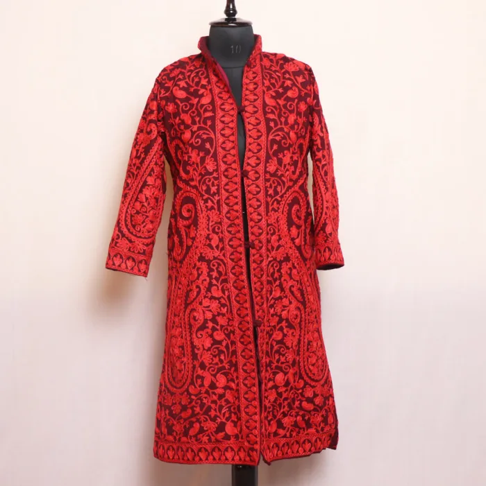 Wine Big Paisley Jaal Coat with Aari Embroidery - Kashaf Collection