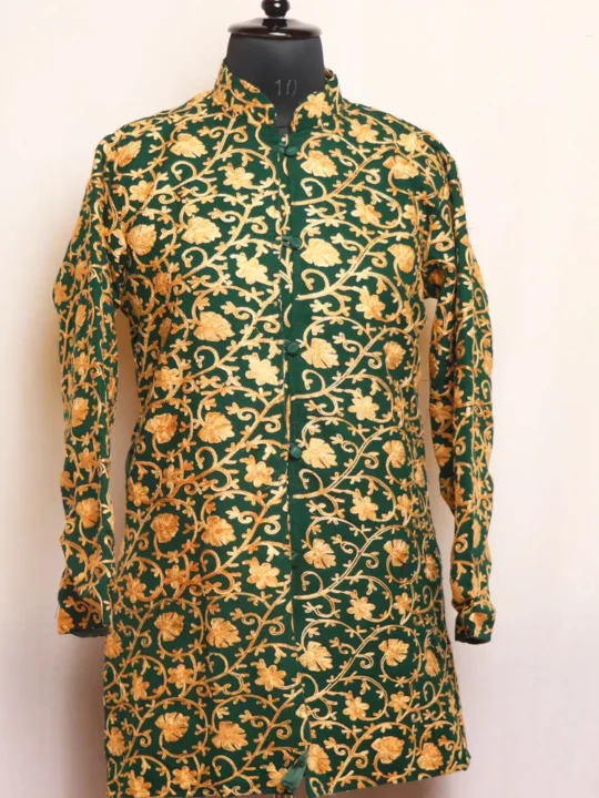 Chinari Green Cashmilon Short Coat Akh Rang with Aari Embroidery - Zunaira Collection
