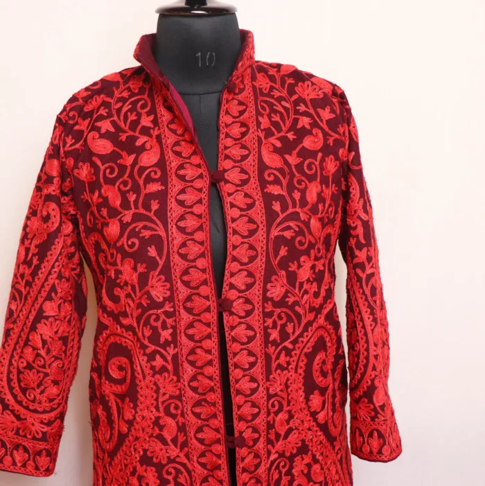 Wine Big Paisley Jaal Coat with Aari Embroidery - Kashaf Collection - Image 2