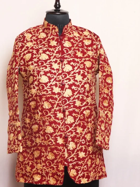 Stylish Maroon Chinari Short Cashmilon Coat Akh Rang with Fine Aari Work - Zunaira Collection