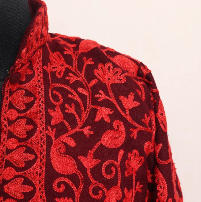 Wine Big Paisley Jaal Coat with Aari Embroidery - Kashaf Collection - Image 3