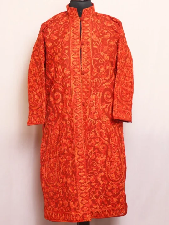 Rust Orange Big Paisley Jaal Coat with Aari Embroidery - Kashaf Collection
