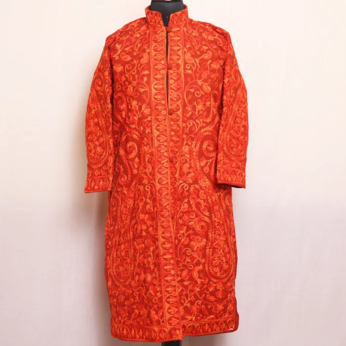 Rust Orange Big Paisley Jaal Coat with Aari Embroidery - Kashaf Collection