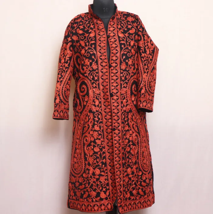 Kashmiri Coat Black Big Paisley Jaal Aari Work - Kashaf Collection