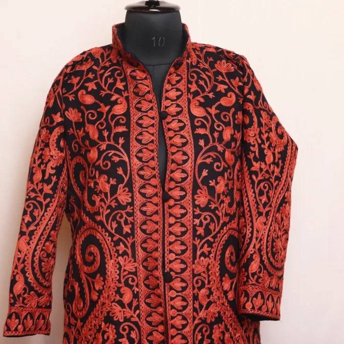 Kashmiri Coat Black Big Paisley Jaal Aari Work - Kashaf Collection - Image 2