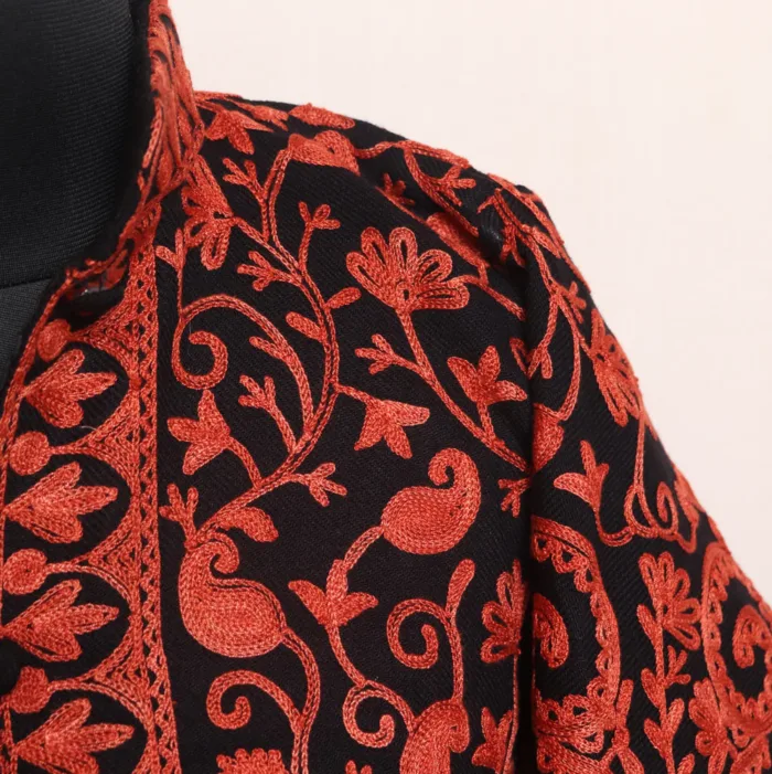 Kashmiri Coat Black Big Paisley Jaal Aari Work - Kashaf Collection - Image 3