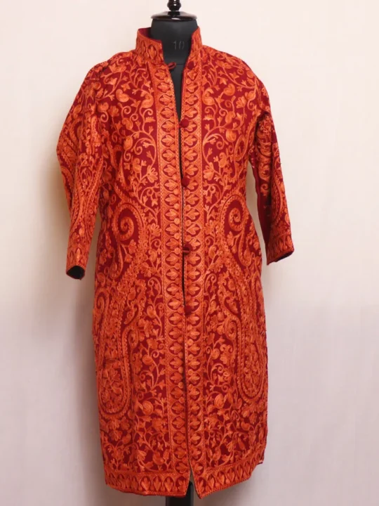 Elegant Maroon Big Paisley Jaal Coat with Aari Embroidery - Kashaf Collection