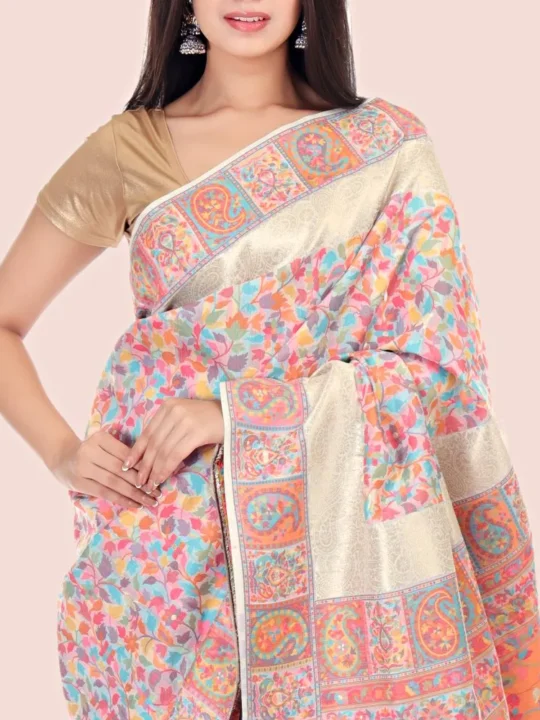 Pearl Floral Kashmiri Cream Silk Kani Saree