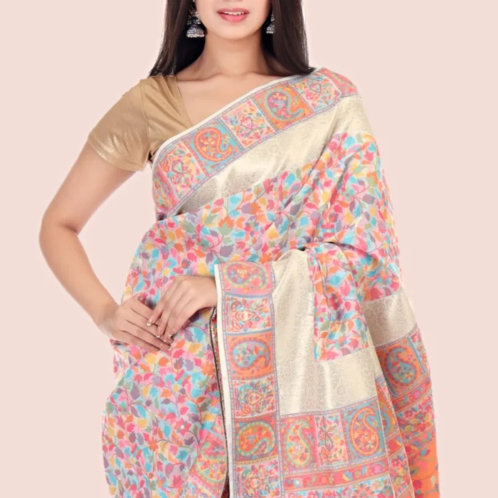 Pearl Floral Kashmiri Cream Silk Kani Saree