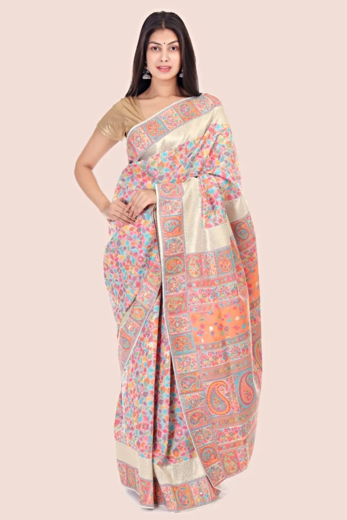 Pearl Floral Kashmiri Cream Silk Kani Saree - Image 2