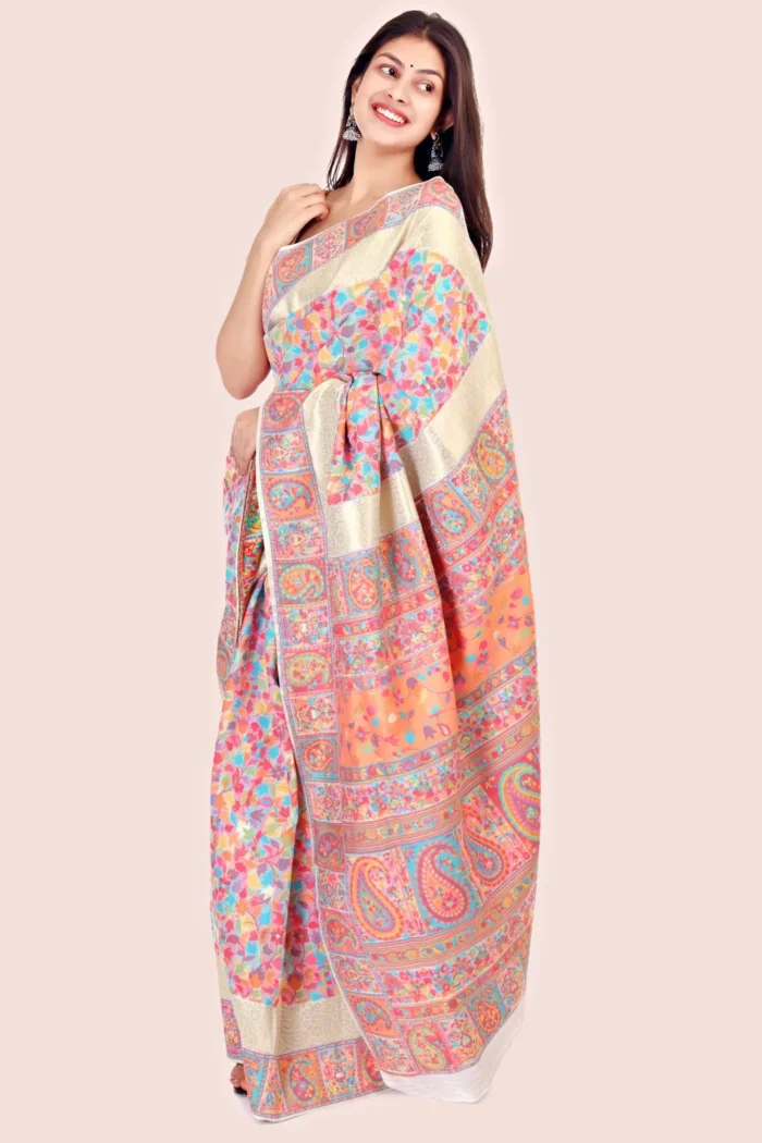 Pearl Floral Kashmiri Cream Silk Kani Saree - Image 4