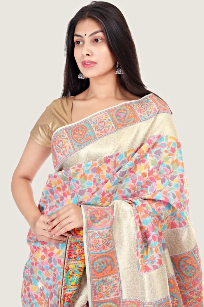 Pearl Floral Kashmiri Cream Silk Kani Saree - Image 5