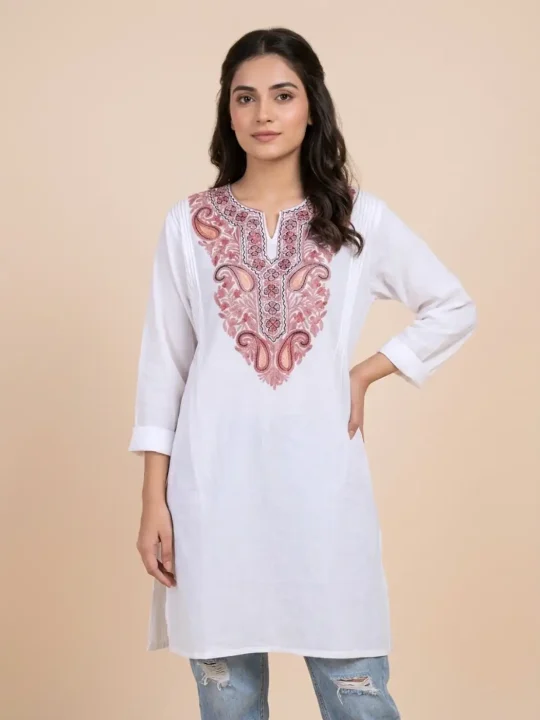 White Layers Crush Cotton Western Top with Aari Embroidery