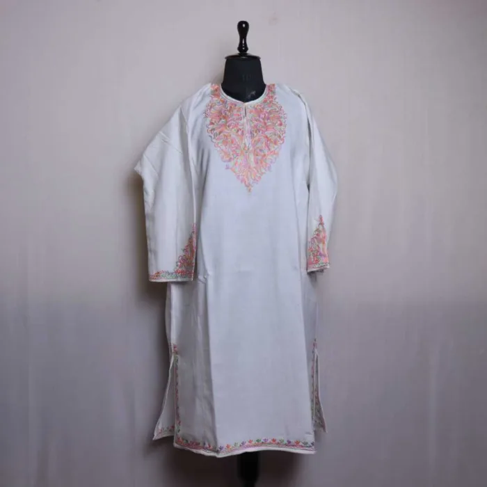 White  Cashmilon Pheran with Adorable Sleeve Embroidery | Gul-e-Hawal Collection - Image 2