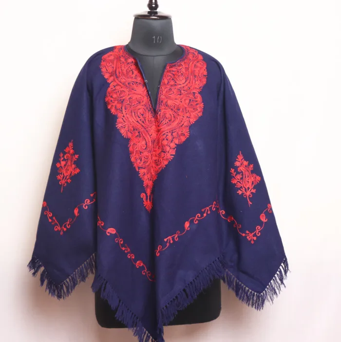 Navy Blue Winter Poncho for Girls with Aari Work - Parvana Collection