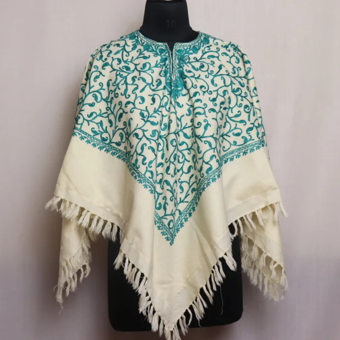 Elegant White Winter Poncho with Jaal Aari Embroidery - Parvana Collection