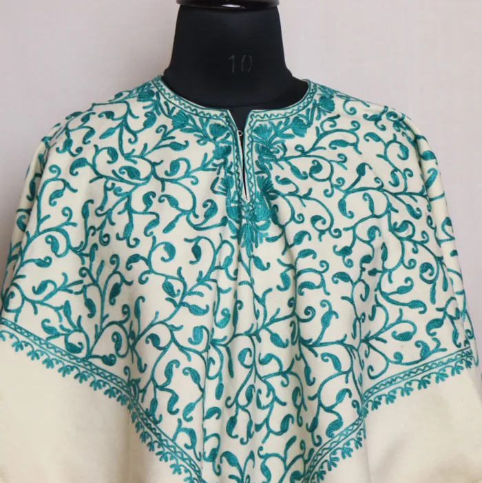 Elegant White Winter Poncho with Jaal Aari Embroidery - Parvana Collection - Image 2