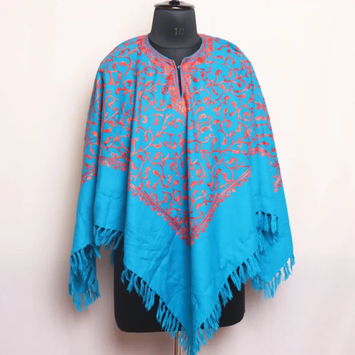 Blue Jaal Aari Embroidered Winter Poncho for Girls - Parvana Collection