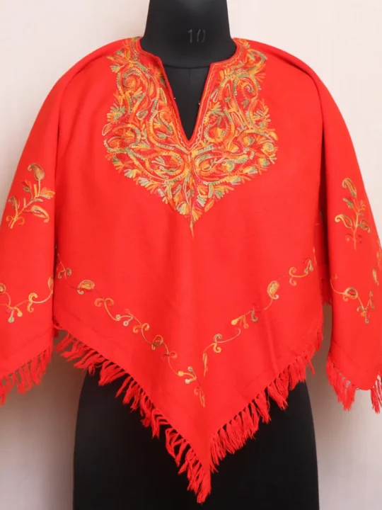 Lightweight Red Aari Embroidered Winter Poncho for Kids - Parvana Collection