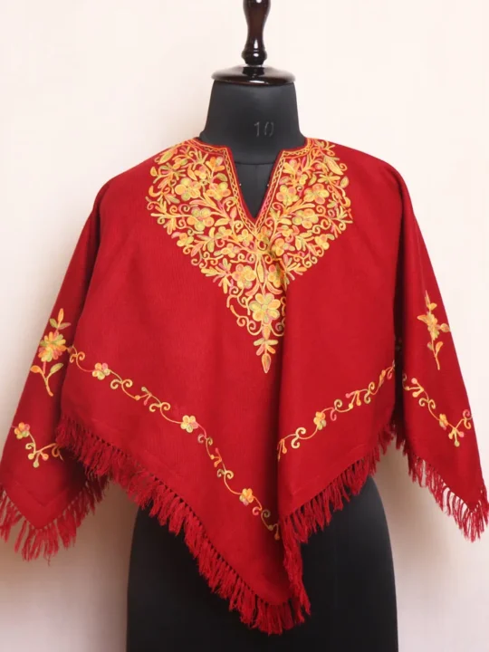 Maroon Winter Poncho with Aari Embroidery for Kids - Parvana Collection