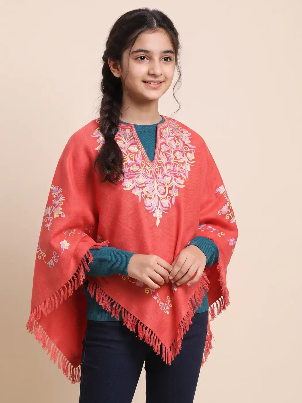 Pink Aari Embroidered Poncho for Kids’ Winter Wardrobe - Parvana Collection